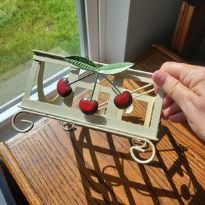 Vtg Metal Basket Napkin Holder Red Metal Cherries 80s Kitchen Decor Cottage Farm